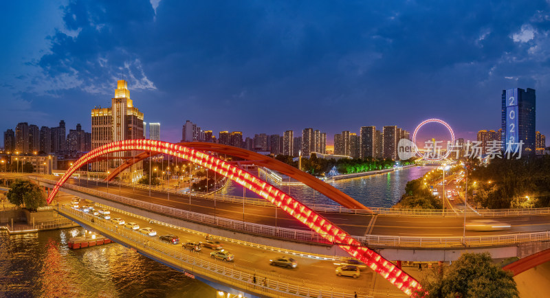 海河天津之眼旅游景区城市日落晚霞夜景航拍