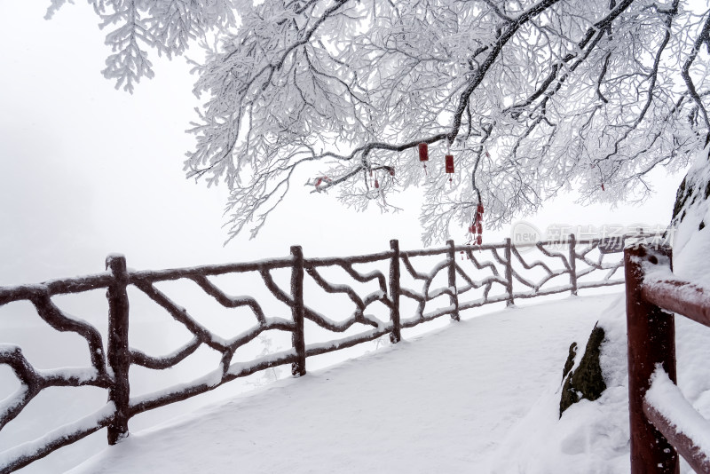 冬天大雪景区步道栏杆