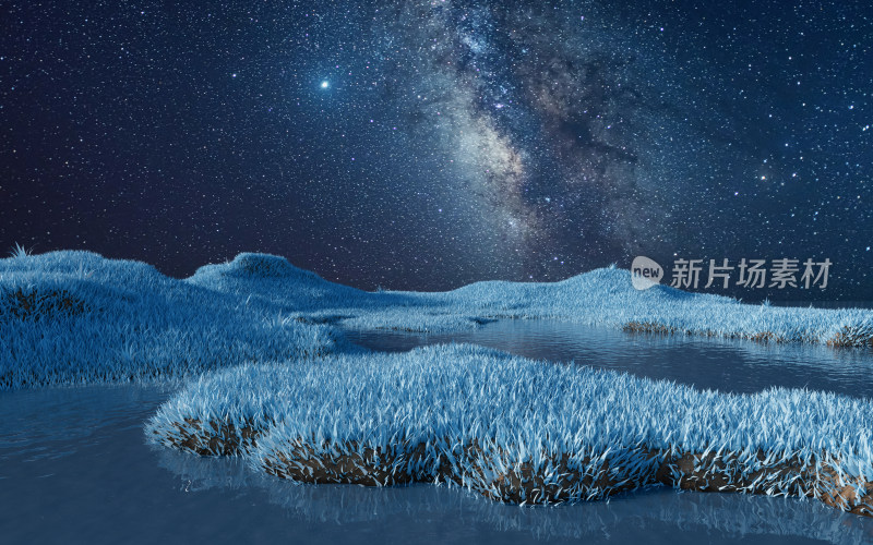 蓝色草地与夜晚星空3D渲染