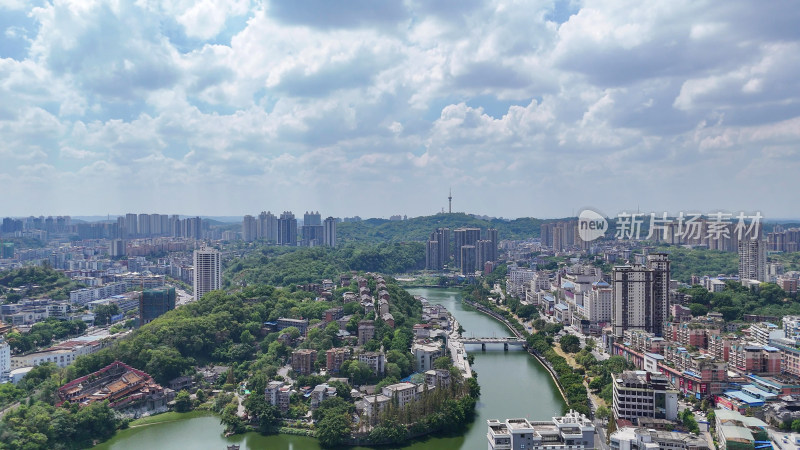 航拍四川自贡城市建设釜溪河风光摄影图