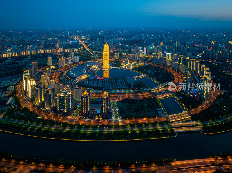 郑东新区CBD城市风光天际线夜景航拍视角