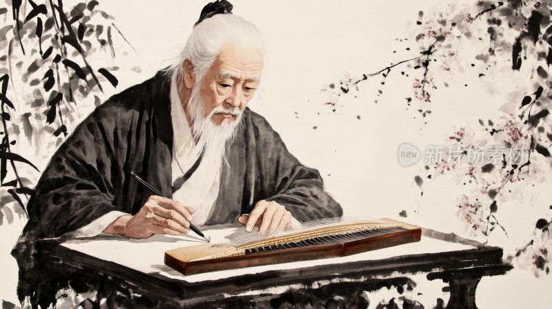 古代老者书写毛笔字场景