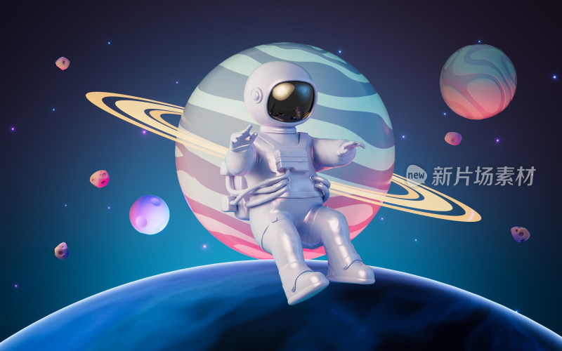 宇航员与外太空背景3D渲染