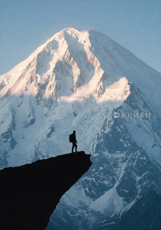 背包客于雪山云海前徒步远望