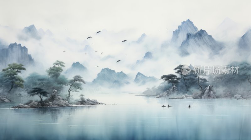 中国风水墨风景意境插画