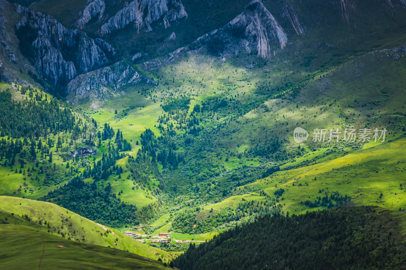 阳光下山谷草原连绵起伏的绿色山川