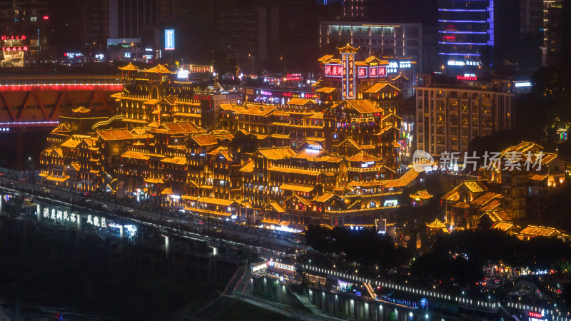 重庆洪崖洞网红景点居民楼夜景城市高空航拍