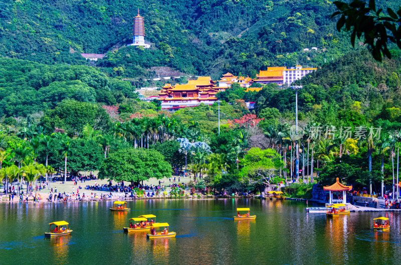 深圳仙湖植物园湖泊山林与弘法寺寺庙建筑