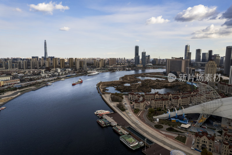 天津滨海海河响螺湾城市风光航拍