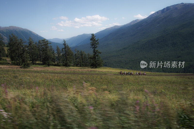 草原山谷间骑马队伍风景