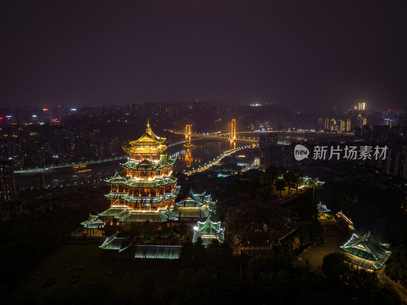 重庆网红寺庙鸿恩寺夜景古塔高空航拍