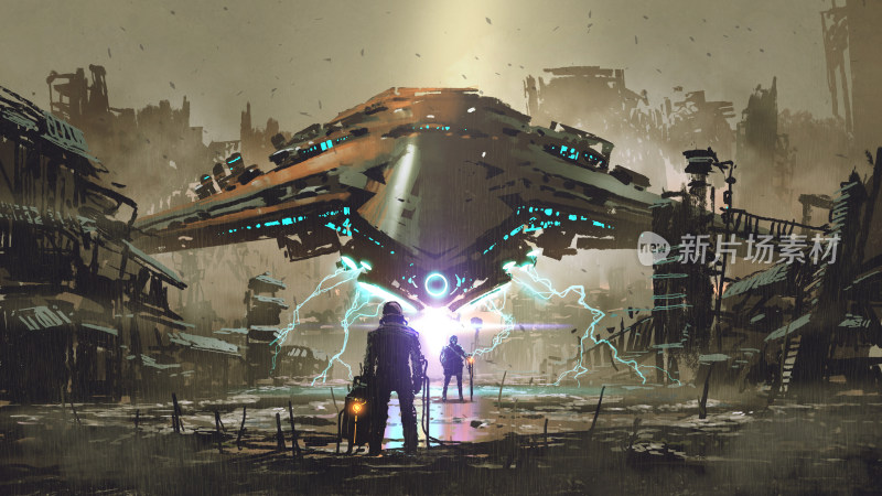 科幻场景下的人物与外星飞船