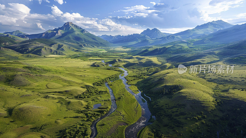 蓝天白云草原河流高山 旅行 背景图片