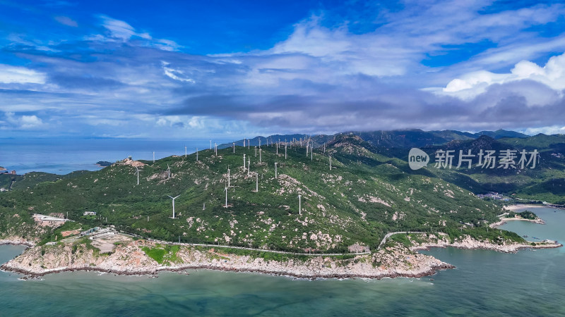 航拍海上海岛风力发电环保能源