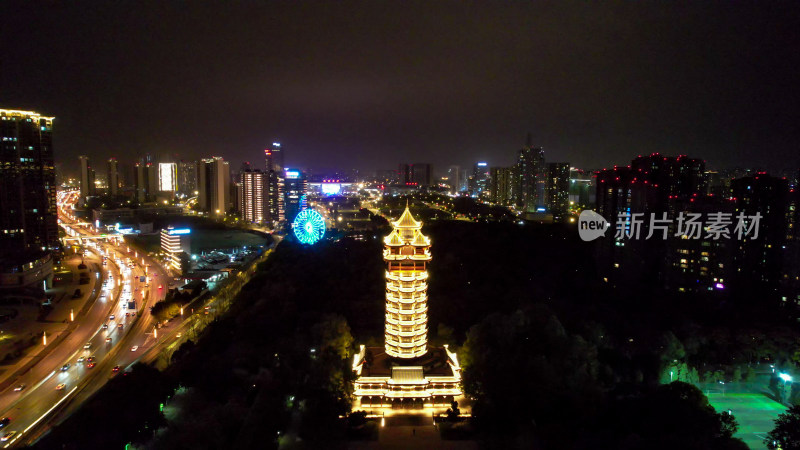 成都塔子山公园九天楼夜景灯光航拍图