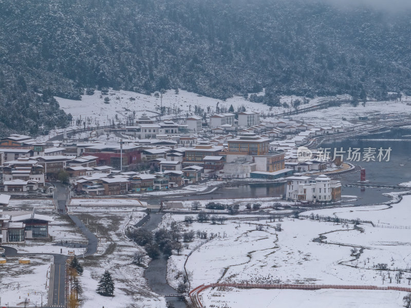 西藏林芝地区鲁朗小镇雪景高空航拍