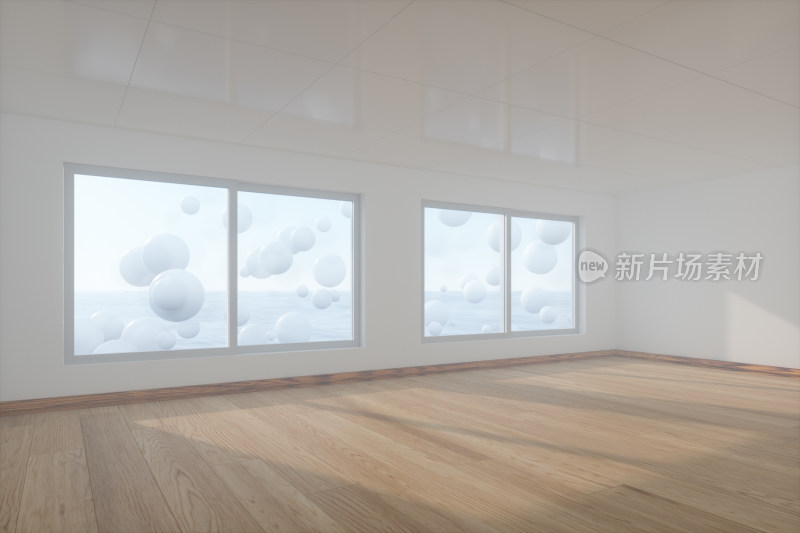 空房间与窗外的水面上悬浮的球体 三维渲染
