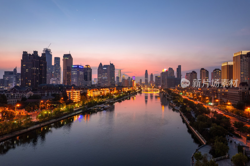 天津海河风景小白楼CBD城市夜景航拍