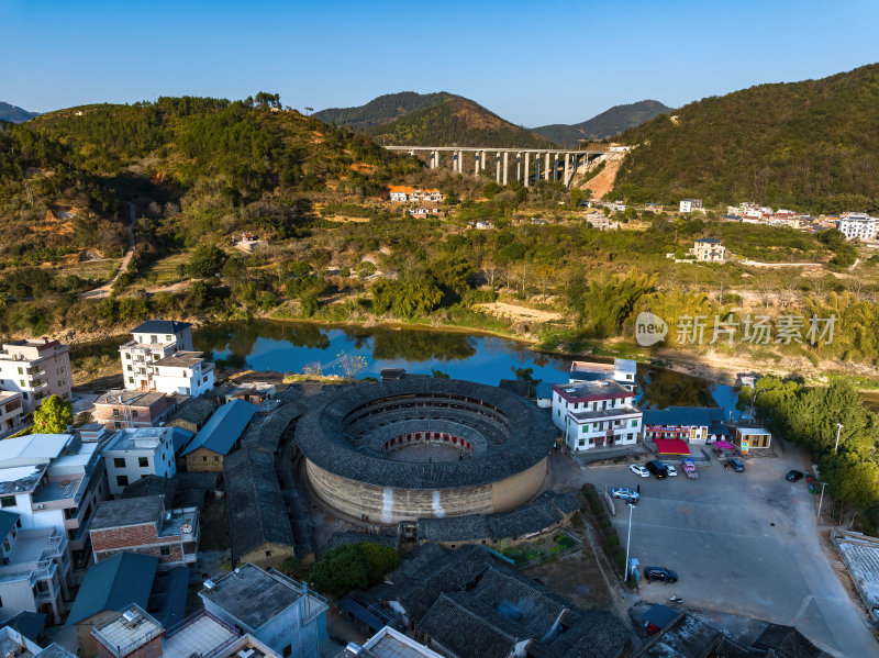 广东梅州永定客家土楼群建筑花萼楼高空航拍