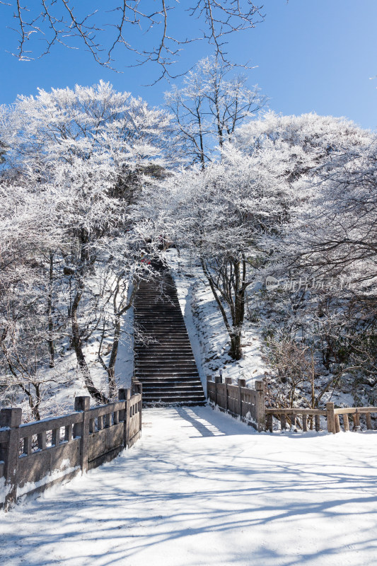 安徽黄山冬天覆盖着雪台阶