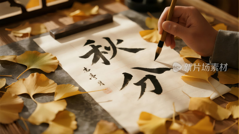 秋分节气书法银杏叶传统文化艺术背景图