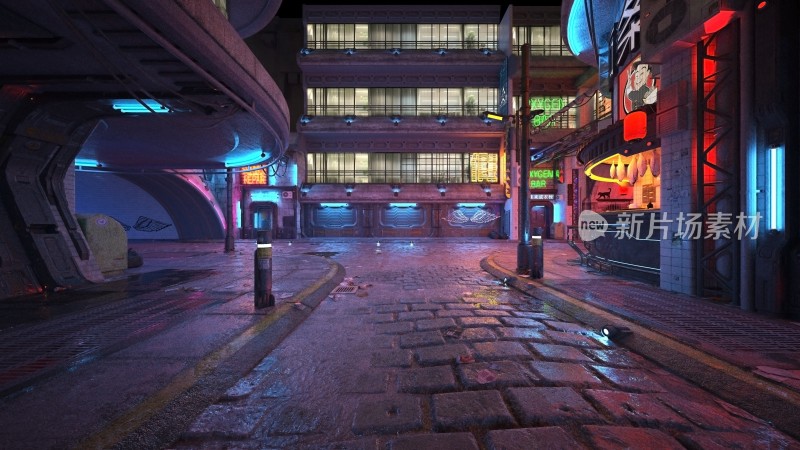 赛博朋克风格城市街道夜景