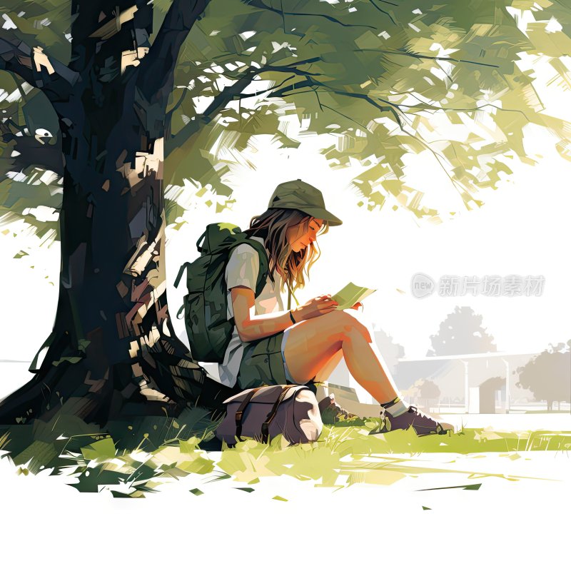 插图素材，坐在树下认真看书的女孩