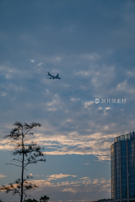 高楼旁天空中有飞机飞过的景象/晚霞