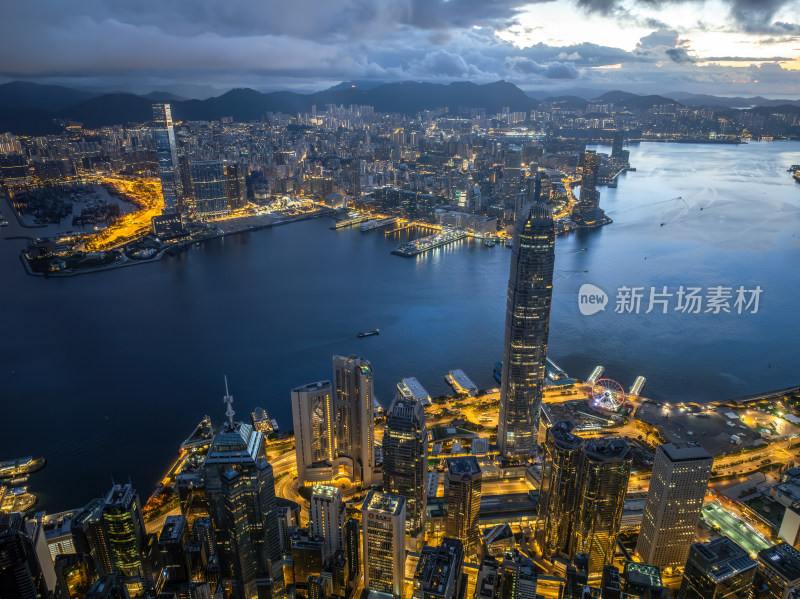 香港维多利亚港CBD中环夜景日出高空航拍