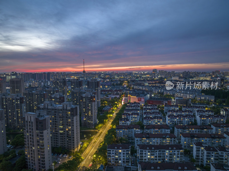 嘉定电视塔城市傍晚夕阳晚霞云彩航拍