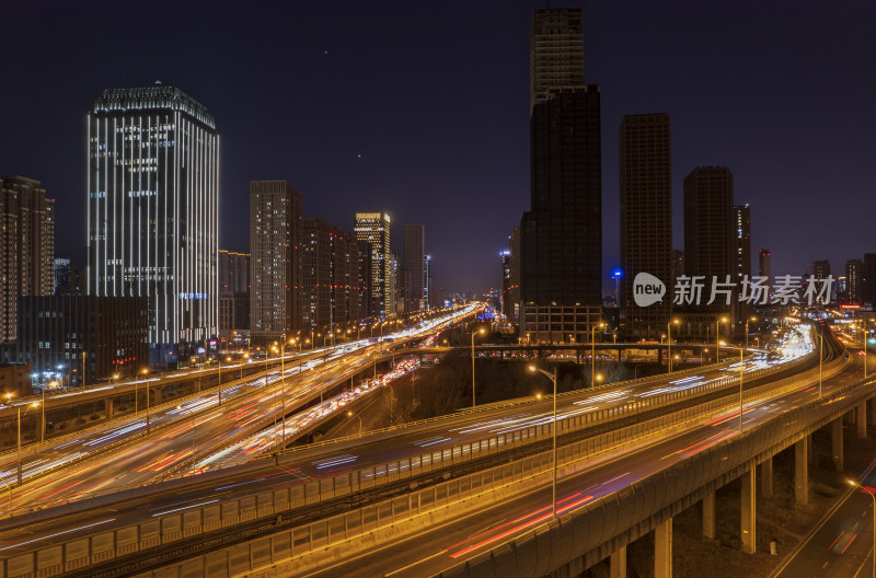 晚高峰天津立交桥车流街道交通夜景航拍