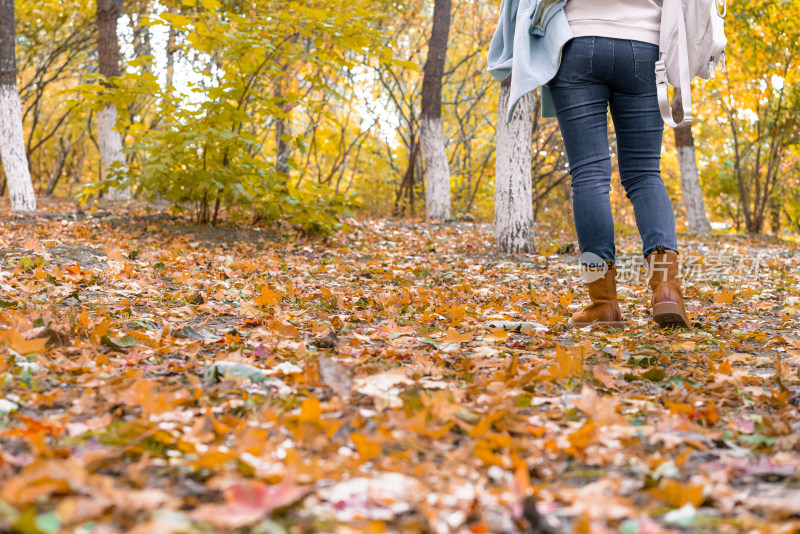 走在满地落叶的银杏树林中的女性脚部特写