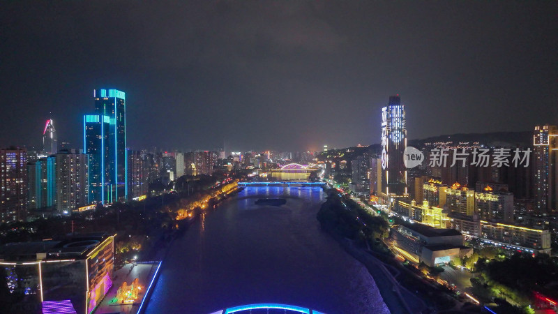 甘肃兰州金雁黄河大桥夜景航拍