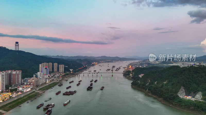 梧州西江晚霞夜景航拍图