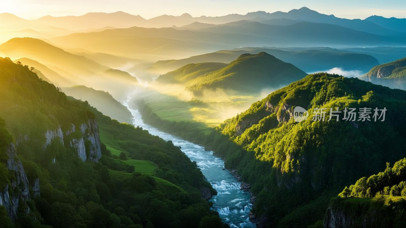 山谷河流晨曦自然风光