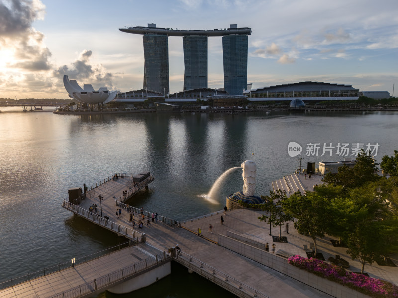 新加坡滨海湾金沙海滨奥林匹克蓝调夜景航拍