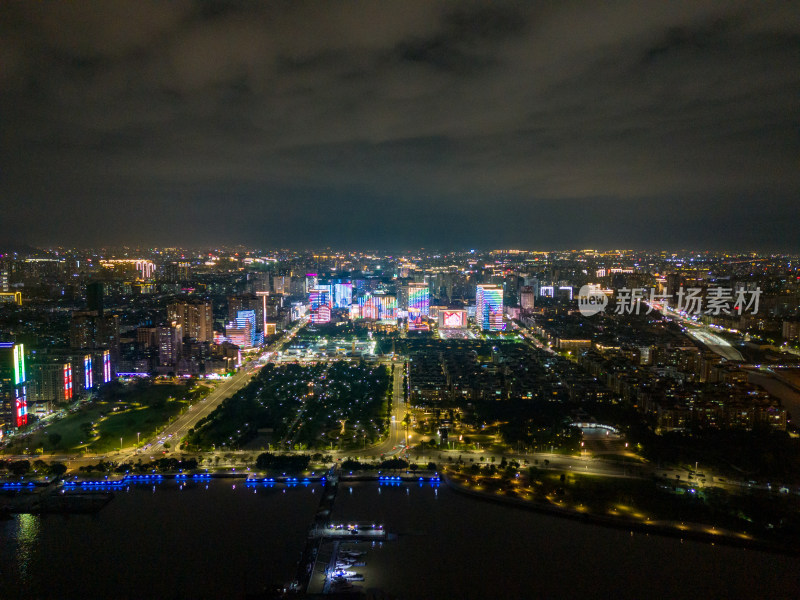 广东汕头城市夜景灯光交通航拍