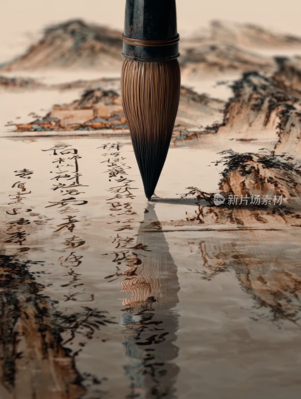 毛笔笔触于水墨山水间