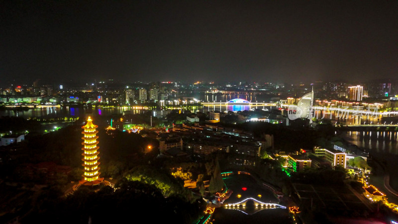 航拍湖北鄂州莲花山元明塔夜景