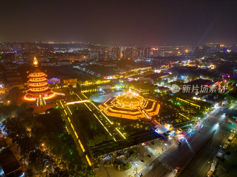 广西桂林日月双塔夜景灯光航拍摄影
