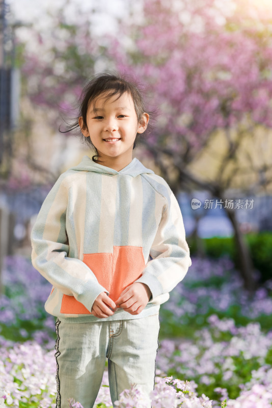 北京春天站在花中的女孩