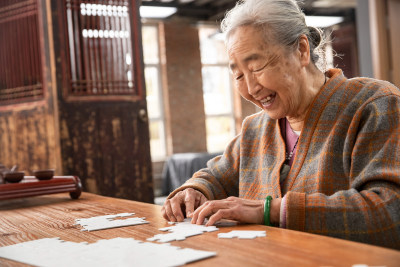 老年人玩拼图游戏