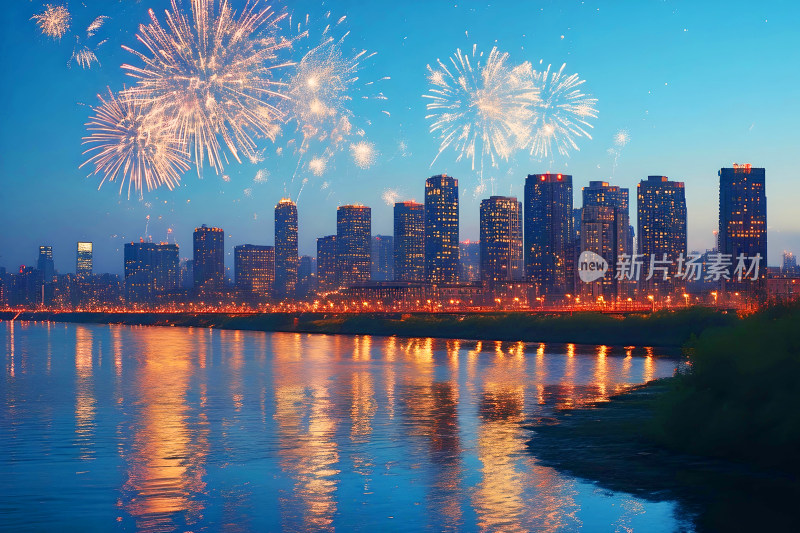 新年城市夜景天空烟花