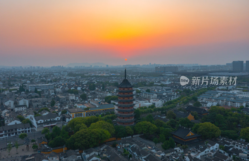 苏州北寺塔日落航拍