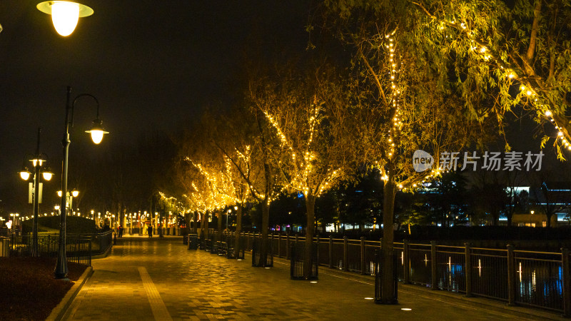 夜晚灯光点缀的沿河步道美景