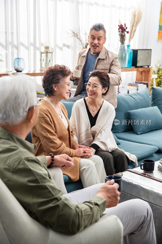 幸福的中老年人们在客厅喝茶聊天