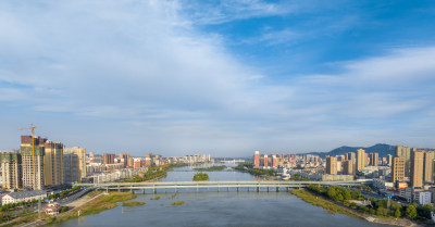 河南宜阳县城河流两岸楼房经济发展航拍