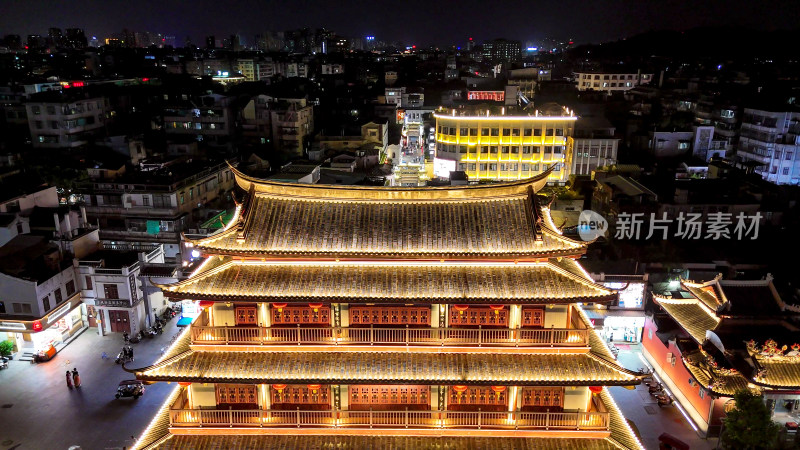 广东潮州古城广济门城楼夜景航拍