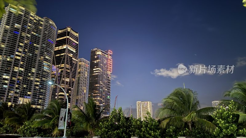 夜晚亮灯的热带城市高楼夜景