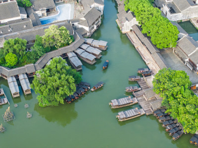 航拍江南水乡古镇乌镇全景